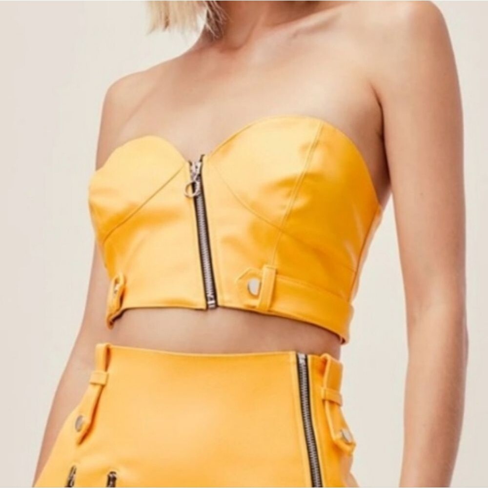 For Love & Lemons Jawbreaker Corset Top Faux Leather in Saffron Yellow